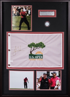 Tiger Woods Signed 2008 U.S. Open Torrey Pines Flag With Golf Ball & Photos In 27x38 Framed Display (UDA)
